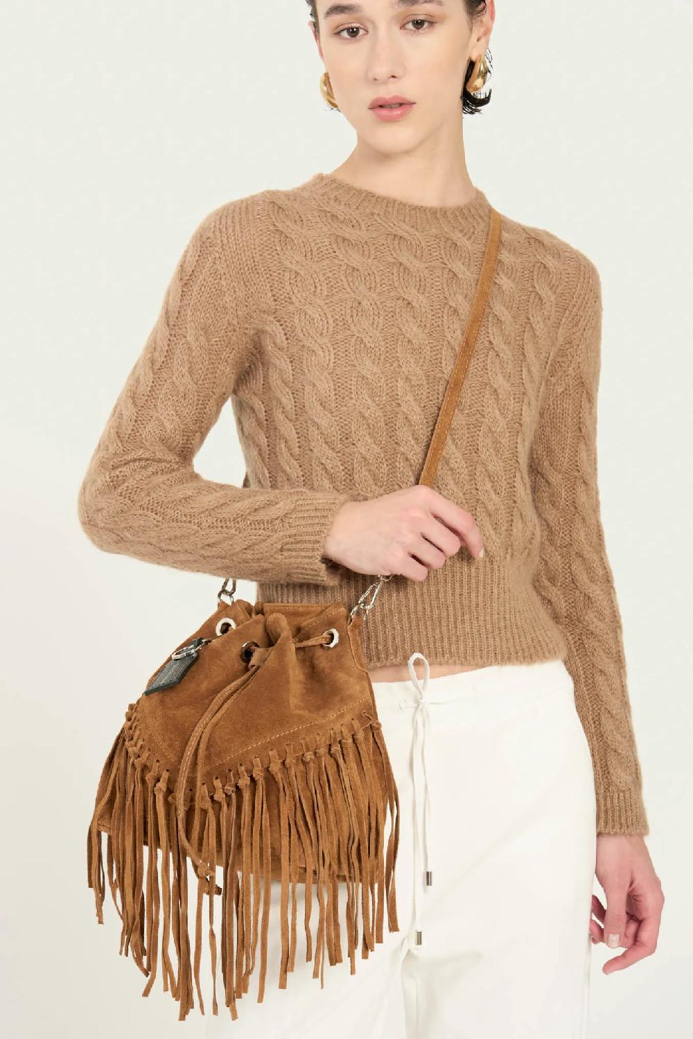 Vicario cinque Borsa a Sacchetto Scamosciata con Frange Stile Boho Chic - Briona Italia