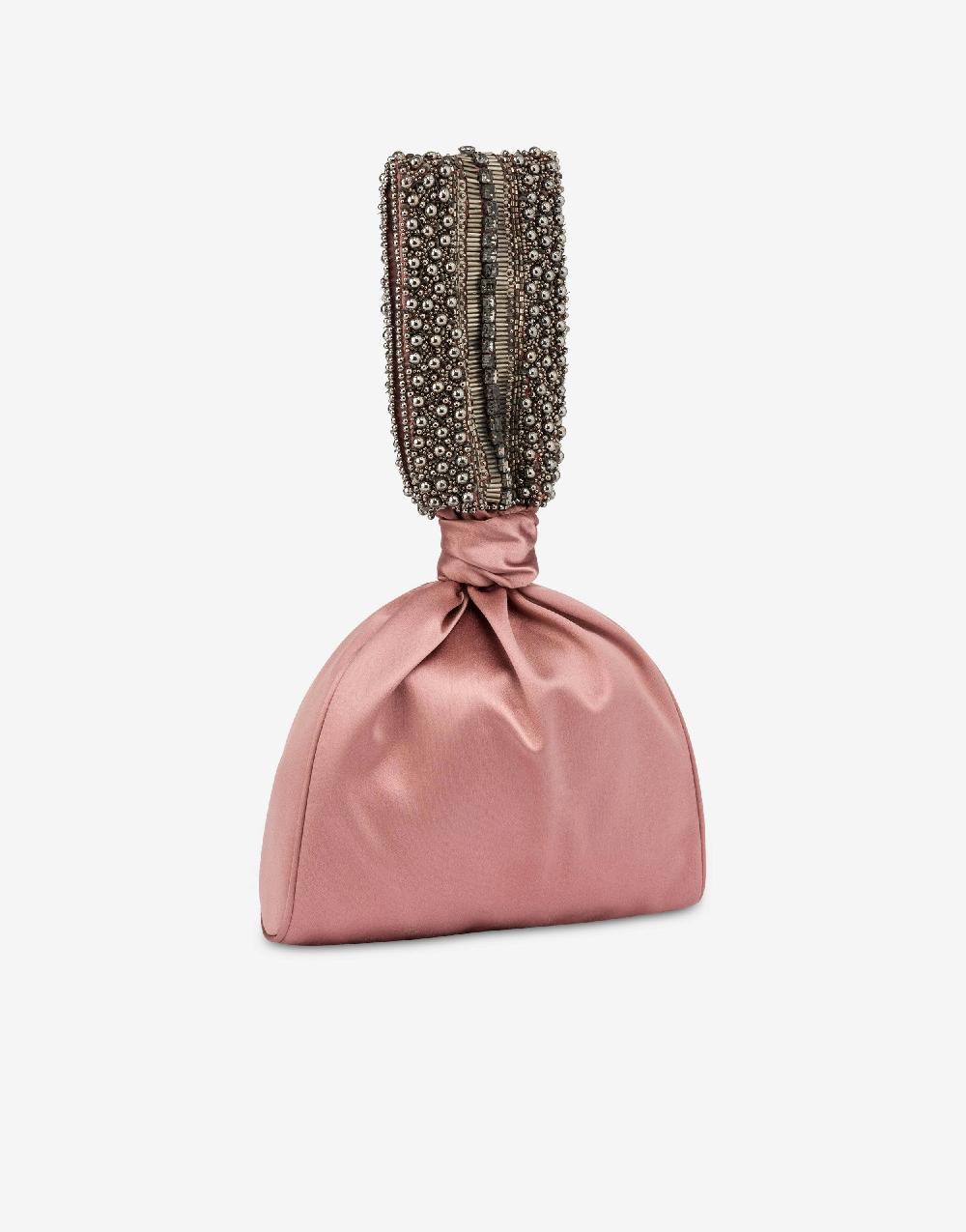 Alberta Ferretti Bucket bag da sera in raso con ricamo perline e strass 2025