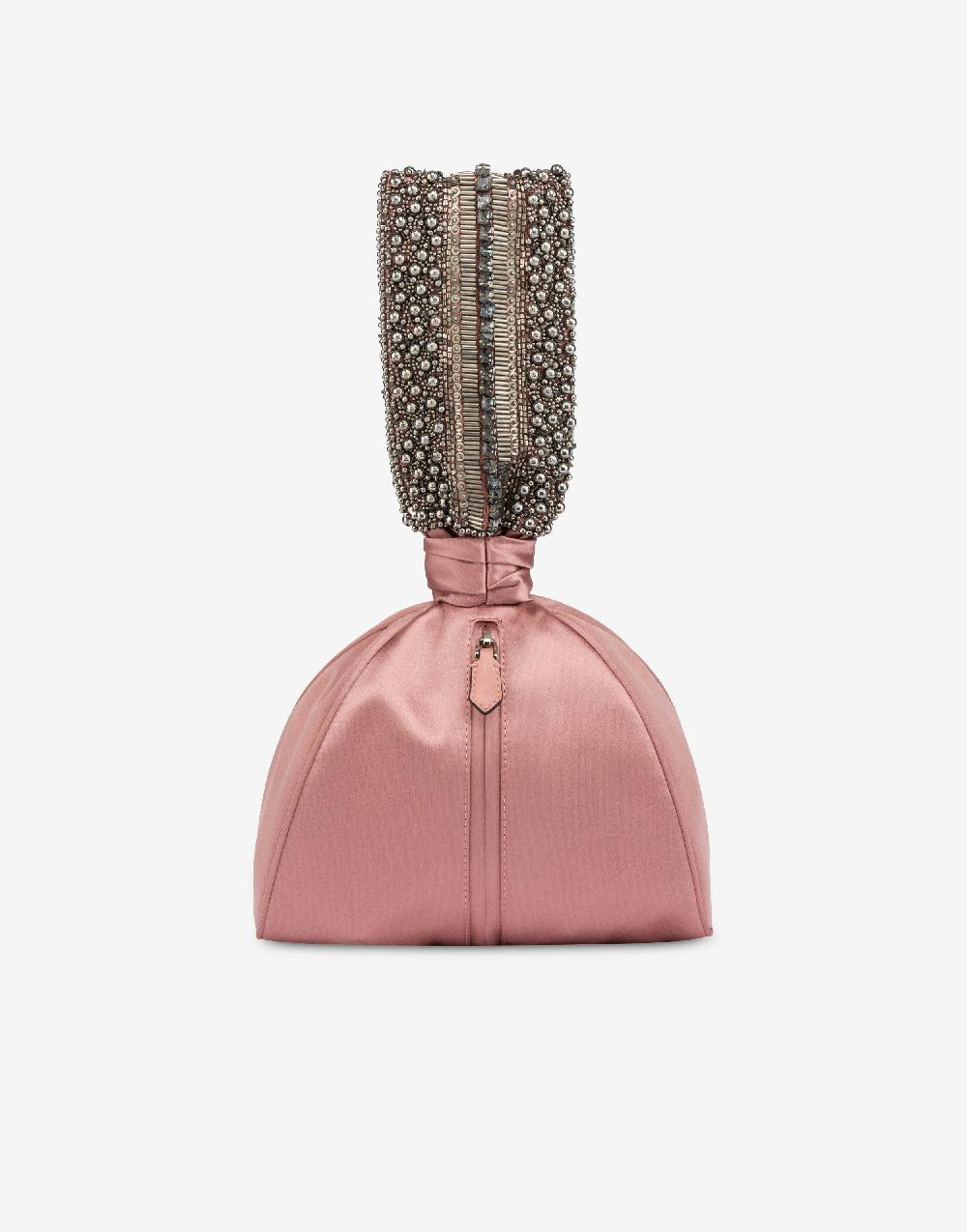Alberta Ferretti Bucket bag da sera in raso con ricamo perline e strass 2025