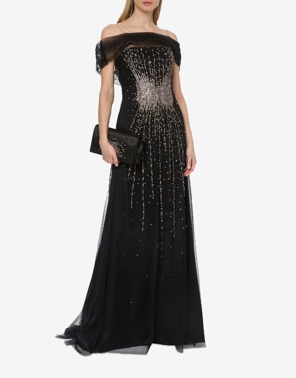 Alberta Ferretti Abito lungo in tulle con ricamo strass e perline Italy