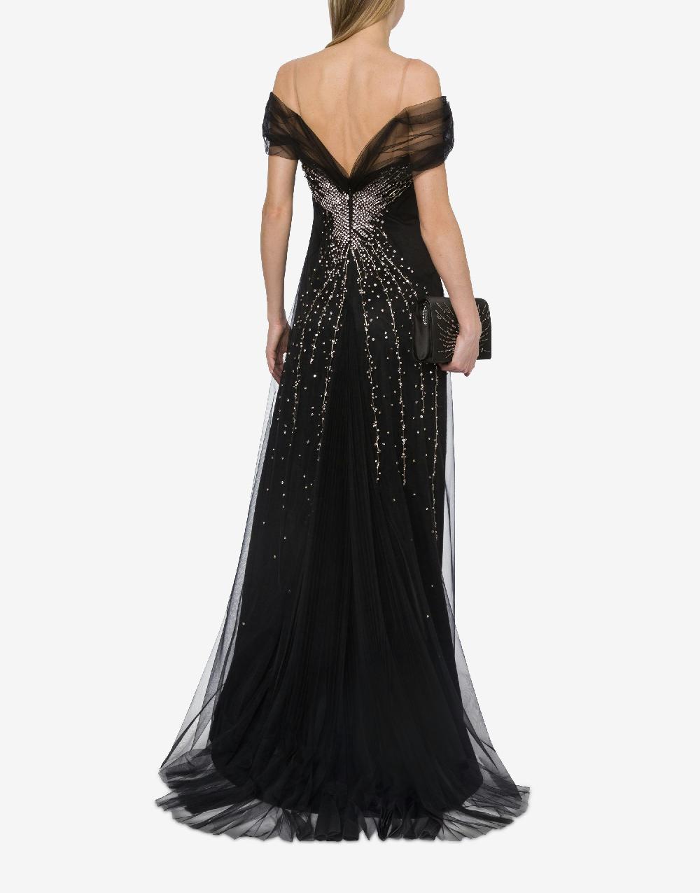 Alberta Ferretti Abito lungo in tulle con ricamo strass e perline Italy