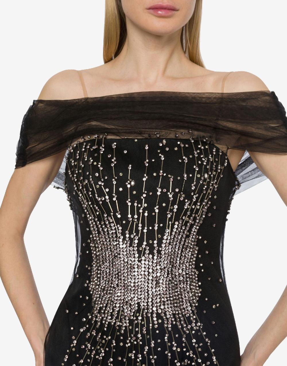 Alberta Ferretti Abito lungo in tulle con ricamo strass e perline Italy