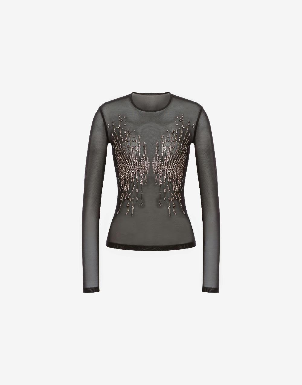Alberta Ferretti T-shirt in tulle stretch con strass e perline Offerta