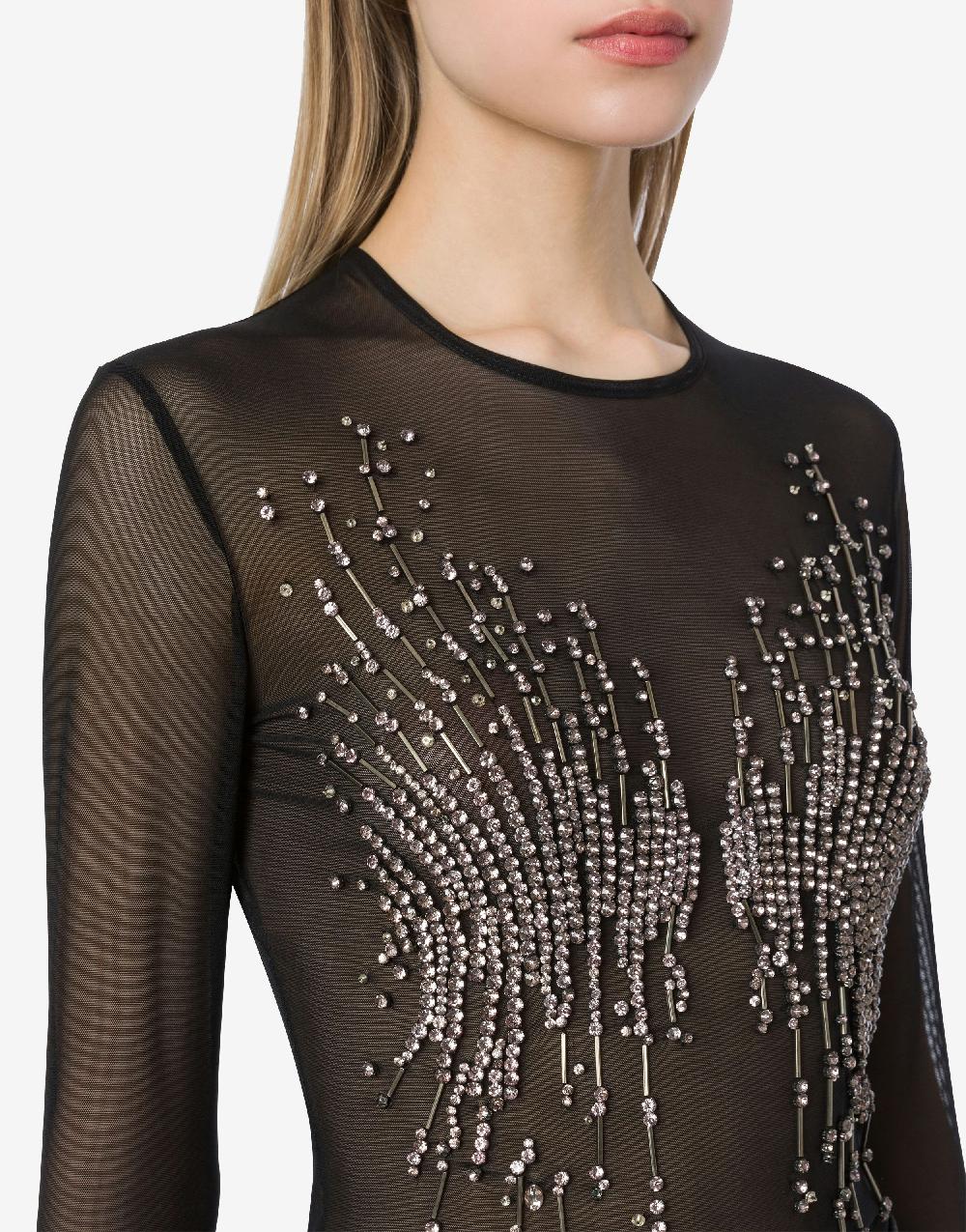 Alberta Ferretti T-shirt in tulle stretch con strass e perline Offerta