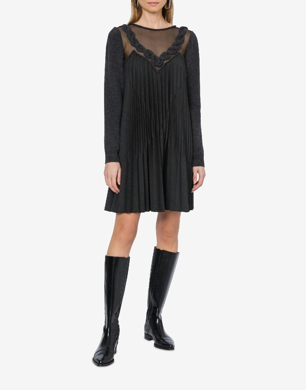 Alberta Ferretti Abito corto in twill di lana stretch con treccia In Linea