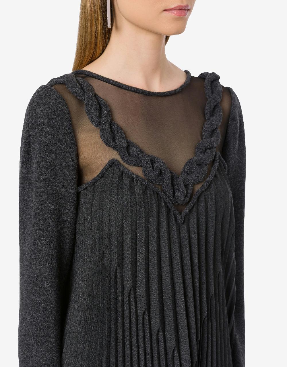 Alberta Ferretti Abito corto in twill di lana stretch con treccia In Linea
