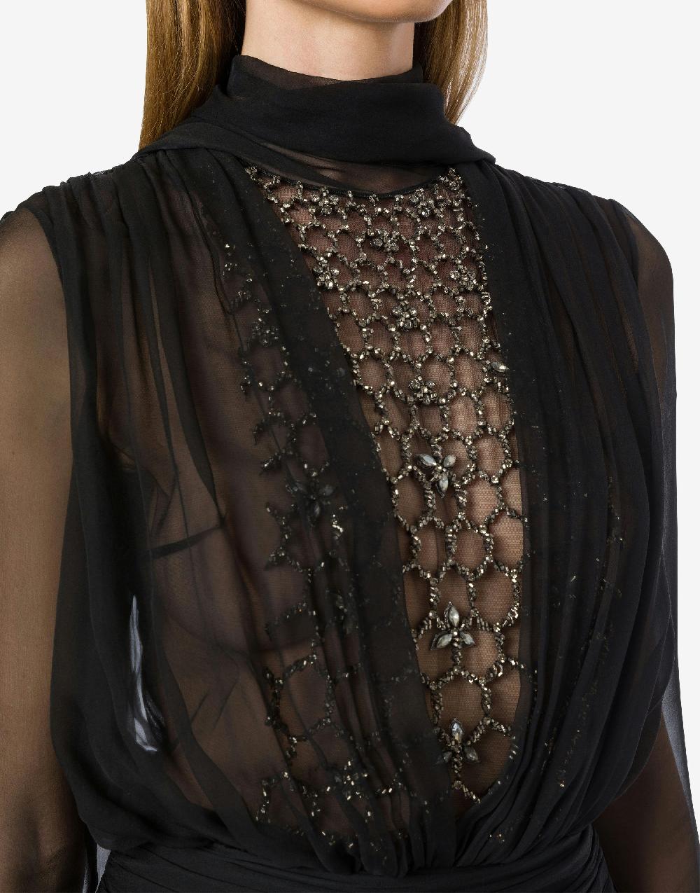 Alberta Ferretti Blusa in chiffon organico con sciarpina e ricamo Vendita Economica
