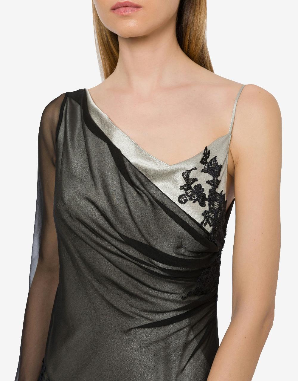 Alberta Ferretti Abito lungo in raso e chiffon con pizzo Sottocosto